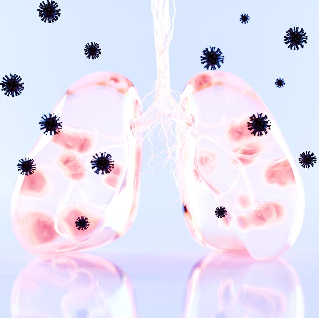 transparent human lungs with faint clots surrounded by virus symbols representing pulmonary disease and infection