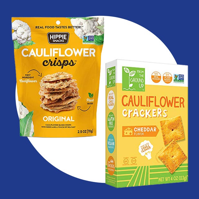 cauliflower snacks packaging featuring crisps and crackers