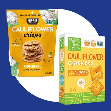 cauliflower snacks packaging featuring crisps and crackers