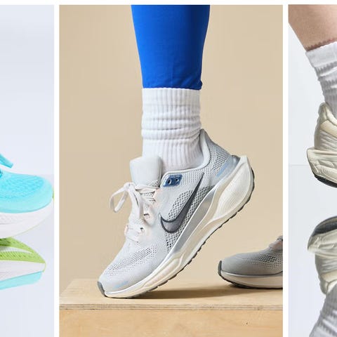 footwear display featuring three pairs of athletic shoes best walking shoe deals