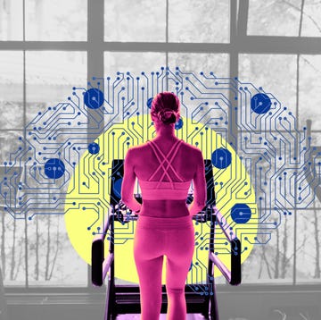 person exercising on a machine with a digital circuit overlay