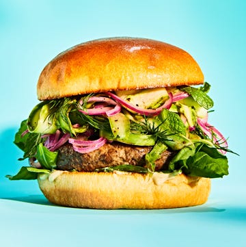 mushroom and beef blended burger with shaved asparagus salad