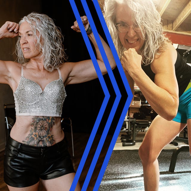 a split image showcasing a muscular woman posing in two different outfits