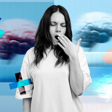 a person is gesturing while surrounded by abstract shapes and cloud imagery