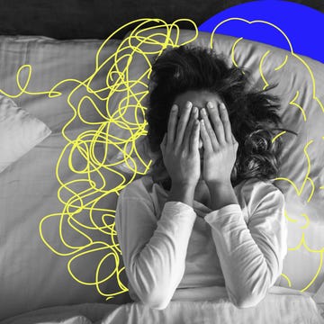 person lying in bed with hands covering face surrounded by abstract lines