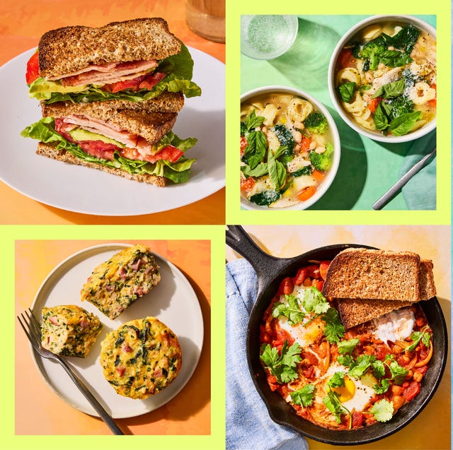 an assortment of dishes featuring sandwiches soups and tacos