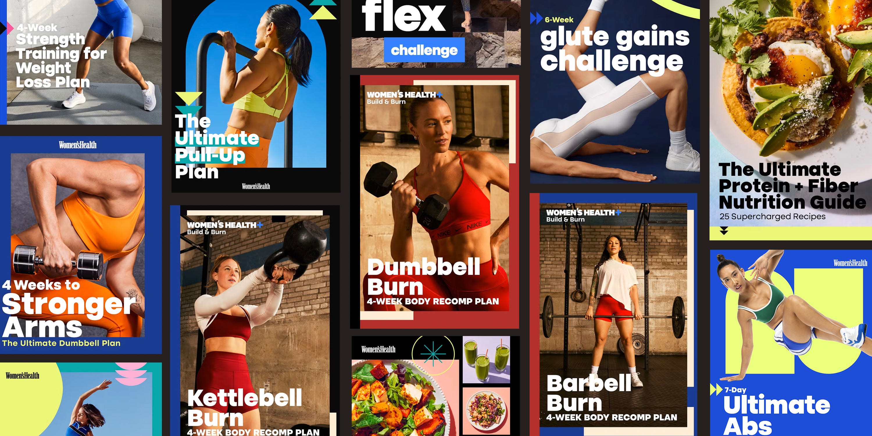 a collage of fitness programs and nutrition guides from womens health