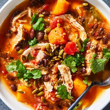 a bowl of chicken quinoa soup