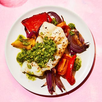 roasted fish and peppers with chickpea pesto