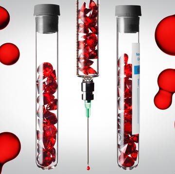 science themed illustration featuring test tubes and a syringe filled with red gemstones symbolizing blood or chemical analysis