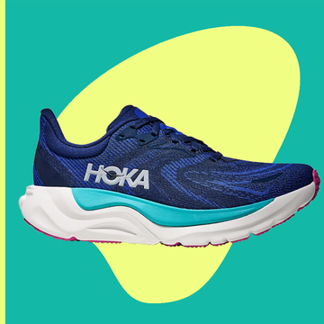 hoka running shoes displayed both on a person tying laces and a standalone view
