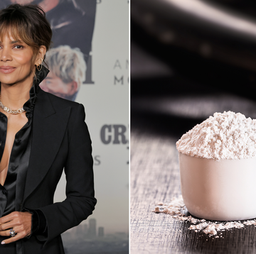 halle berry (l) and creatine powder (r)