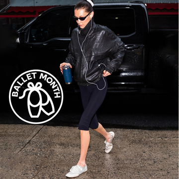 ballet month promotion featuring a person in sporty attire walking and a closeup of ballet shoes