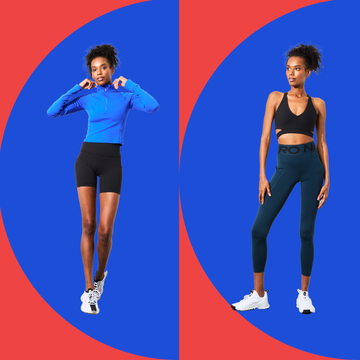 three women wearing athletic outfits against a blue and red background